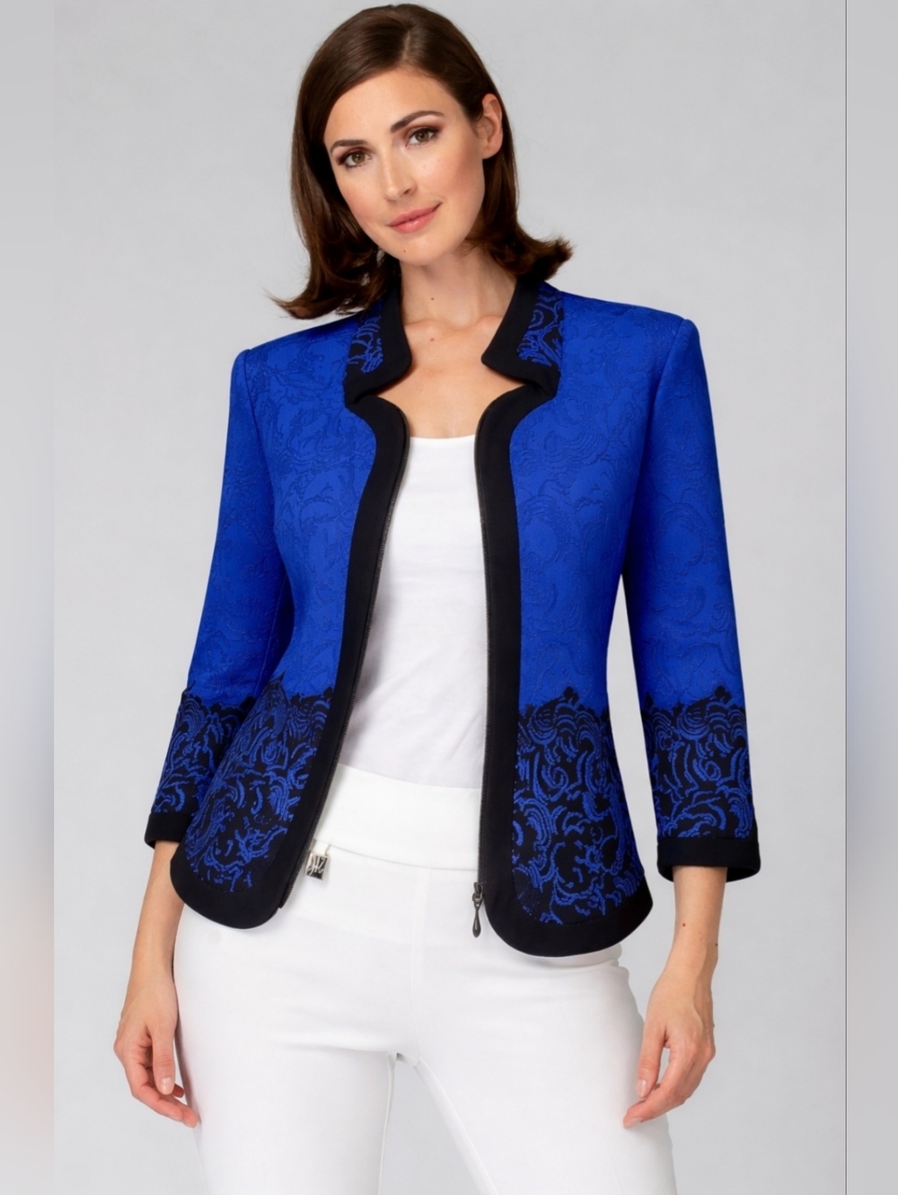 Joseph Ribkoff Blue Embossed Jacquard Two Way Zip Jacket Black Trim Size 10